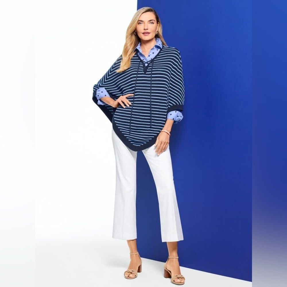 Talbots Blue White Lace Up Stripe Poncho  NEW